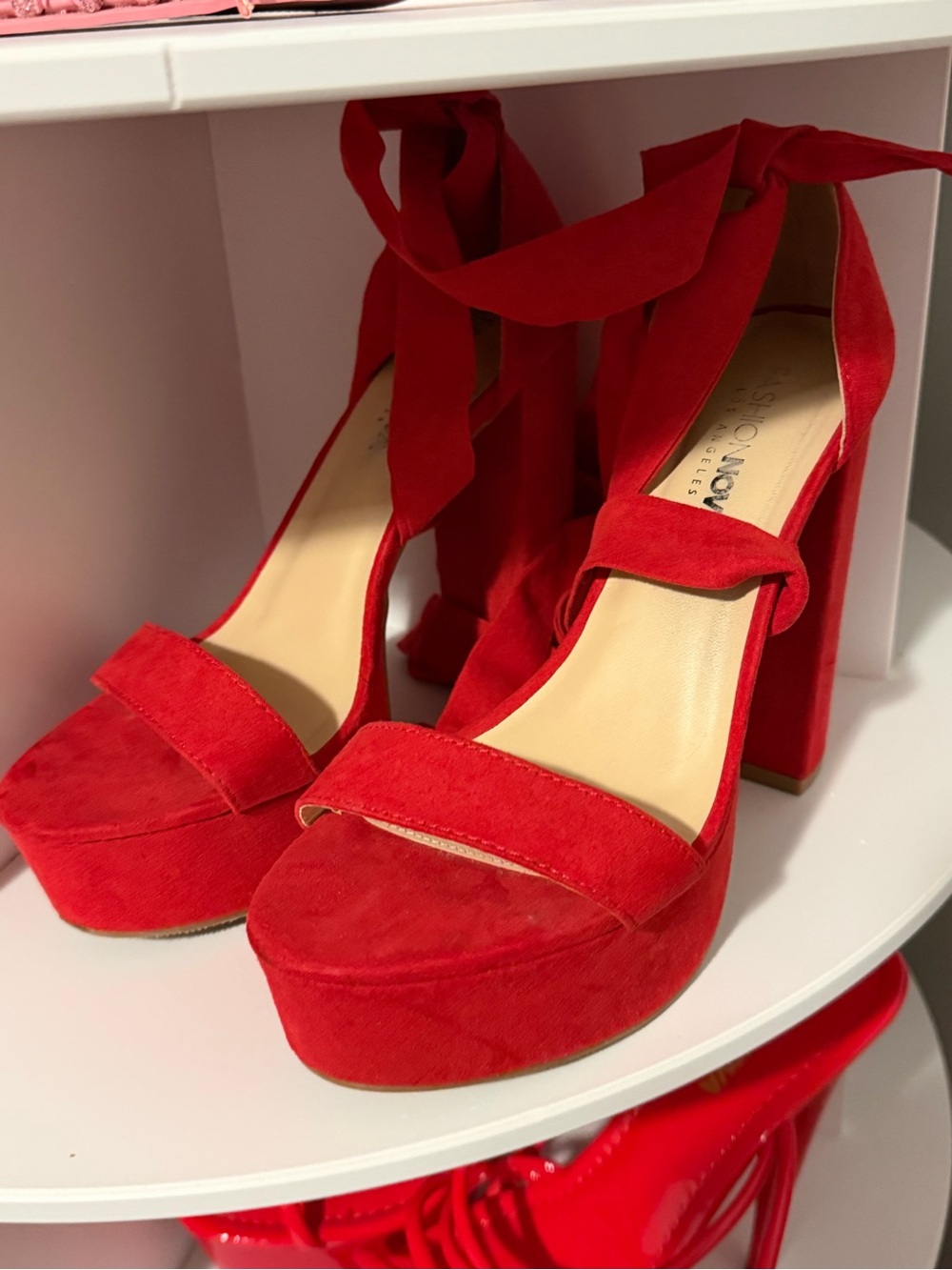 Red Platform Ankle-Tie Heels - Women
